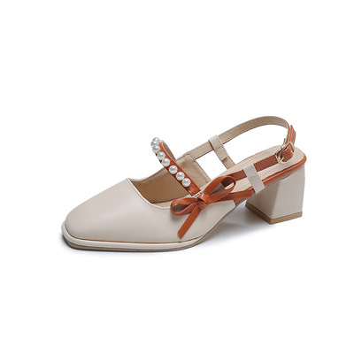 New Style Bowknot Pearl Square Toe High-heeled Jane Chunky Heel Sandals