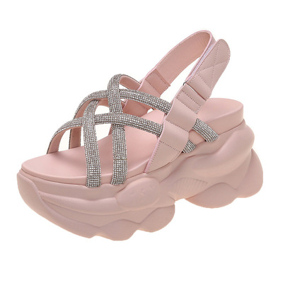 The New Velcro Increase The Small Net Red Retro Rhinestone Roman Shoes