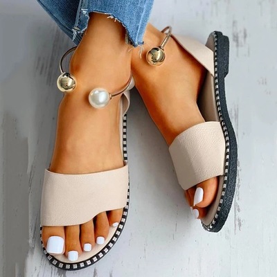 Large Size Sandals European And American Casual Flat-bottomed Hollow Pearl Slippers