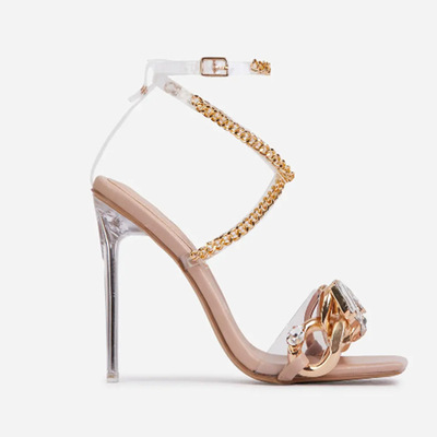 European And American Sexy High Heels Rhinestone Strap New Square Toe Snake Sandals