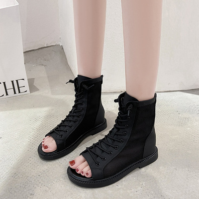 Open Toe Hollow Roman Sandals Summer New Fashion Net Shoes Flat Low Heel