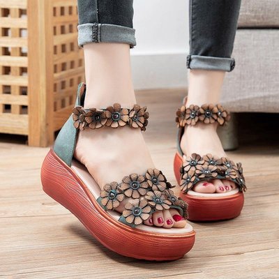 Ethnic Style Sponge Cake Thick-soled High-top Fish Mouth Flower Sandals Roman Shoes