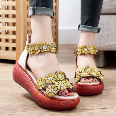 Ethnic Style Sponge Cake Thick-soled High-top Fish Mouth Flower Sandals Roman Shoes