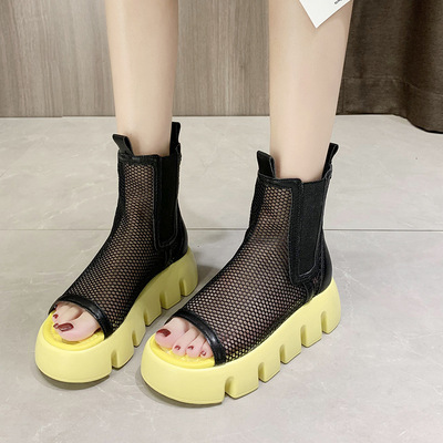 Open Toe Fashion Candy Color Mesh Smoke Tube Boots Platform Platform Platform Mesh Boots