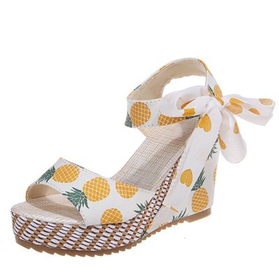 Wedge Heel Sandals Women's Fruit Pattern Fish Mouth Bow Outer Wear Sandals