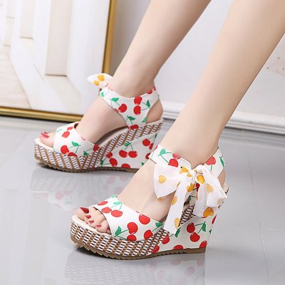 Wedge Heel Sandals Women's Fruit Pattern Fish Mouth Bow Outer Wear Sandals