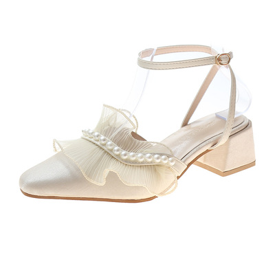 Chunky Heels Gentle Mid-heel With Ruffled Back Space French Sandals
