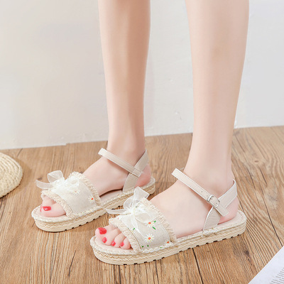 Straw Sandals Women's Flat Bottom Summer New Style Sweet Lace Bow