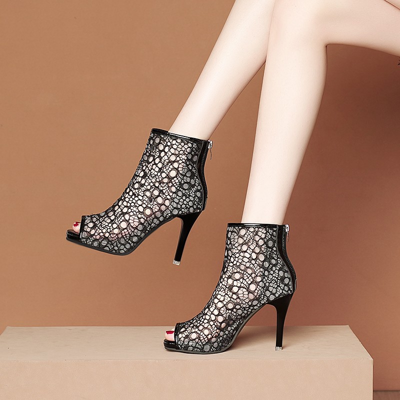 Spring And Summer Net Red Fish Mouth Hollow Stiletto Sandals