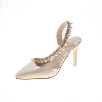 Pointed Shallow Mouth Rhinestones Beaded Fashion Word Belt Satin High-heel Sandals