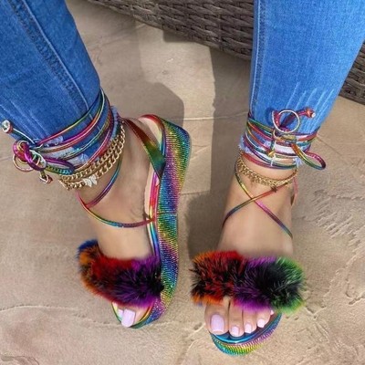 Colorful Turkey Feather Sandals With Rhinestone Ankle Straps