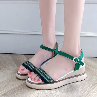 Color-block Woven One-word Buckle Inner High-heel Sandals