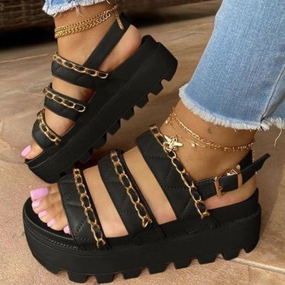 Trifle Heel Sandals, New Thick-soled Metal Chain With One Word Buckle