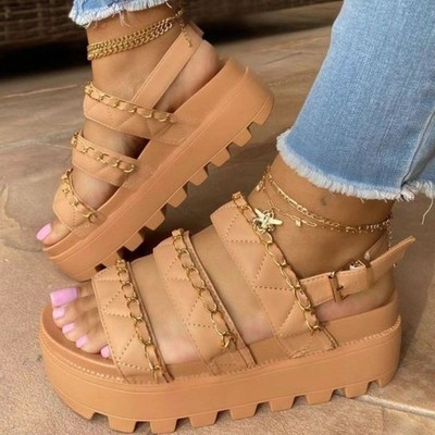 Trifle Heel Sandals, New Thick-soled Metal Chain With One Word Buckle