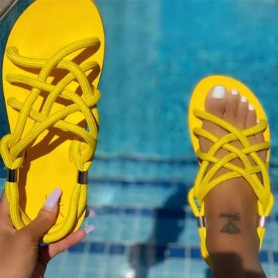 Large Size Hollow Cross Braided Rope Beach Flats