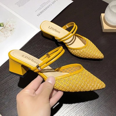 Straw Thick-heeled Toe Cap, One Shoe, Two High-heeled Outer Wear Half Slippers