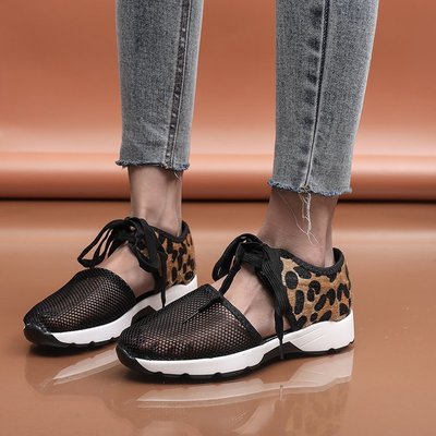 Large Size Mesh Hollow Sports Sandals Women's Thick-soled Hollow Leopard Lace