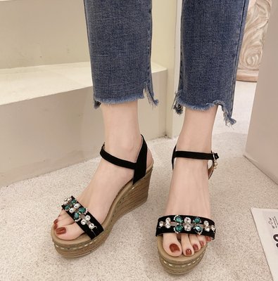 One-line Buckle Thick-soled Increased Rhinestone Flower Women's Shoes