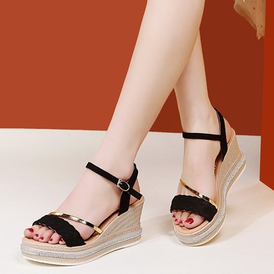 Wedge Heel Rhinestone Fish Mouth Buckle Platform Platform Roman Shoes