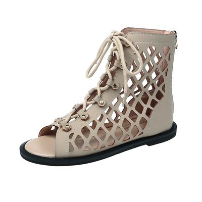 Lace-up Short Tube High-top Sandals Casual Flat Hollow Roman Shoes