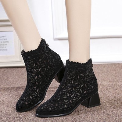 Spring And Summer New Large Size Thick-heel Mid-heel Frosted Hollow Women's Net Boots