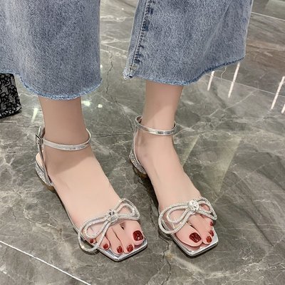 Women's Bow Mid-heel Thick Heel Rhinestone Shoes With One Word