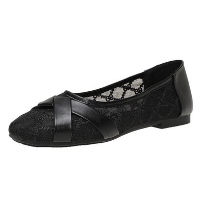 Spliced Net Yarn Transparent Round Toe Flat Women's Shoes Shallow Mouth Peas Shoes