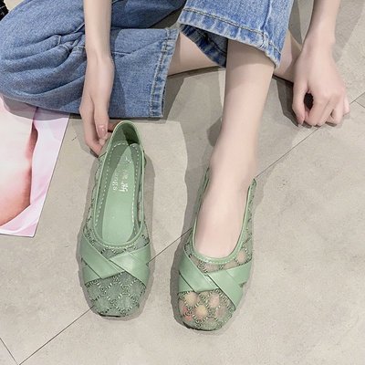 Spliced Net Yarn Transparent Round Toe Flat Women's Shoes Shallow Mouth Peas Shoes