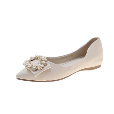 Shallow Mouth Pointed Pearl Rhinestone Round Buckle Flat Soft Bottom Lady Style Easy To Match