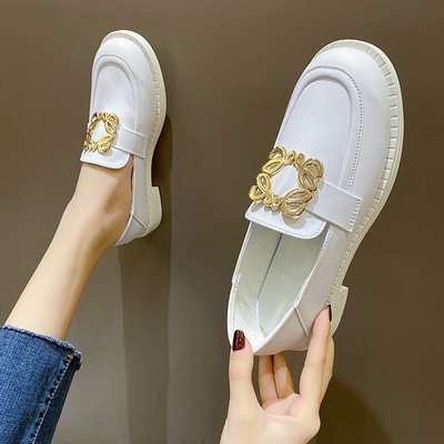 Low Cut Thick Heel British Style Casual Solid Color Square Buckle Slip-on Shoes