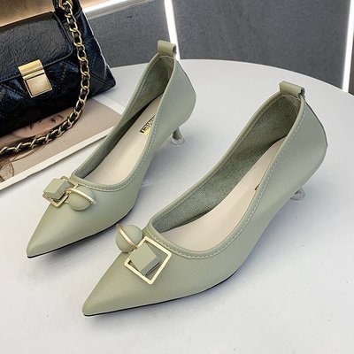 High Heels Stiletto Pointed Metal Buckle Korean Shoes Spring And Summer New Mid-heel Soft Leather