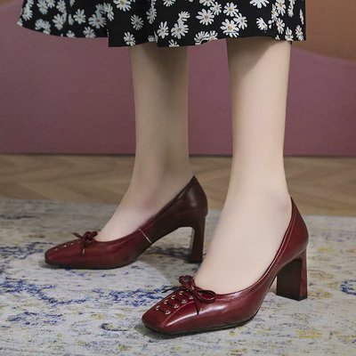 Woven Bow French Retro Temperament Single Shoes Women's Square Toe Thick Heel High Heels