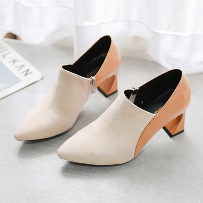 Leather Shoes Stitching Deep Mouth Autumn Shoes European Style Soft Leather Thick Heel