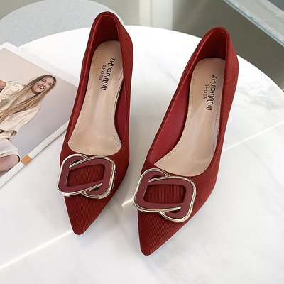 French High Heels Women's Stiletto Heel Spring New Shallow Mouth Pointed Square Buckle