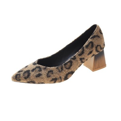 Leopard Print Small Pointed Thick Heel Autumn And Winter Fashion Commuter Suede Shallow Mouth