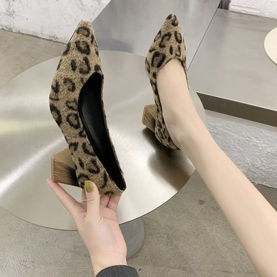 Leopard Print Small Pointed Thick Heel Autumn And Winter Fashion Commuter Suede Shallow Mouth