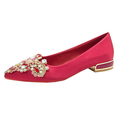 Satin Bridal Shoes, Pregnant Women, Low-heeled, Thick-heeled Rhinestones, Pointed Mouth
