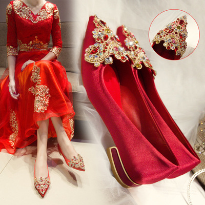 Satin Bridal Shoes, Pregnant Women, Low-heeled, Thick-heeled Rhinestones, Pointed Mouth