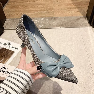 Pointed Bowknot Lady's Single Shoes Woven Plaid Shallow Mouth