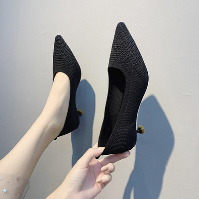 Knitted Cat With Small Heel Shoes Women's Low-heeled Pointed Toe