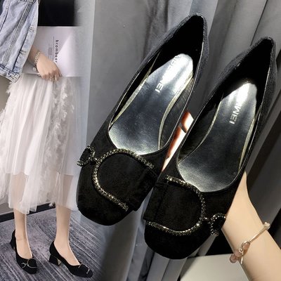 Autumn Korean Style Trend Square Head Shallow Mouth Rhinestone Thick Heel Fashion Casual