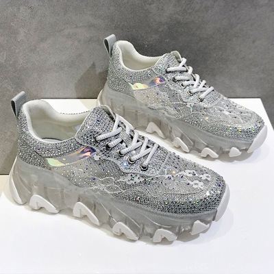 Hollow Thick Bottom Breathable Sneakers Net Red Rhinestone Jelly Lace Shoes