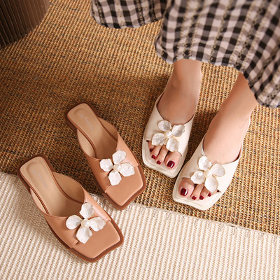 Flat-bottomed Camellia French Niche Lazy Sandals Pure Color Casual Slippers