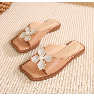 Flat-bottomed Camellia French Niche Lazy Sandals Pure Color Casual Slippers
