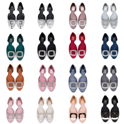 New Satin Rhinestone Square Buckle Women's Shoes Flat Sandals