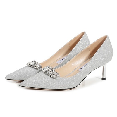 Large Size Silver High Heels Stiletto Pointed Toe Full Diamond Crystal Wedding Bridesmaid Shoes