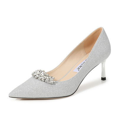Large Size Silver High Heels Stiletto Pointed Toe Full Diamond Crystal Wedding Bridesmaid Shoes