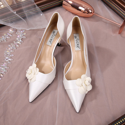 Fairy Style French Design Camellia White Wedding Shoes Satin