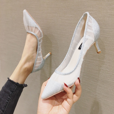 High-heel Wedding Shoes Women's Stiletto Sequined Shallow Mesh Pointed Toe Shoes