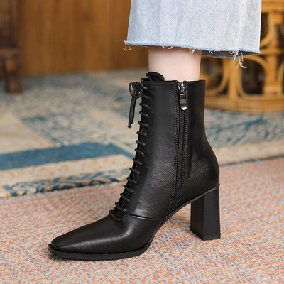 High-heel Lace-up Ankle Boots Thick Heel Autumn And Winter New Short Tube Pointed Toe